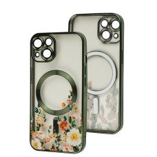Чохол для iPhone 14 Fibra Chrome MagSafe green квіти