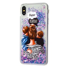 Чохол для iPhone Xs Max блискітки вода "super mama with two sons"